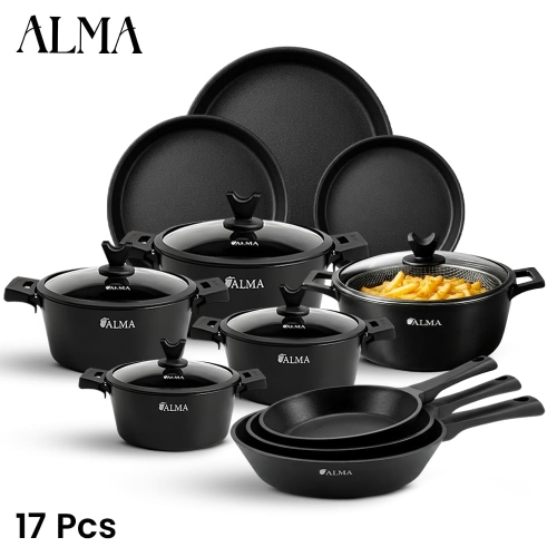 ALMA 17Pcs Black Cookware Induction Set 