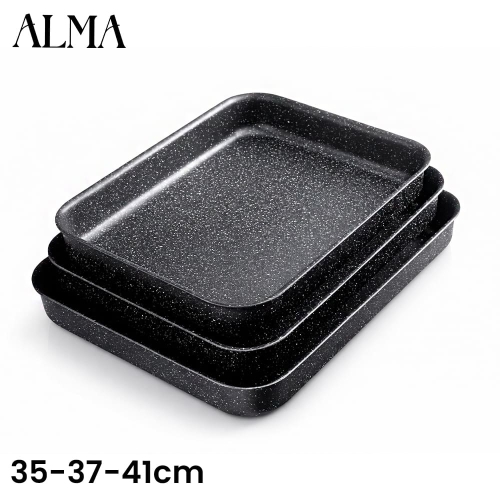 ALMA Set Of 35,37,41cm Marble Non-Stick Rectangle Oven Pan 136AK-03RP ALMA Set Of 35,37,41cm Marble Non-Stick Rectangle Oven Pan 136AK-03RP