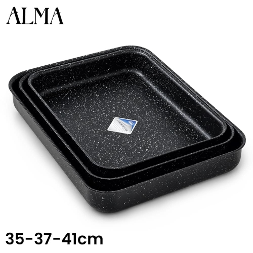 ALMA Set Of 35,37,41cm Marble Non-Stick Rectangle Oven Pan 136AK-03RP 