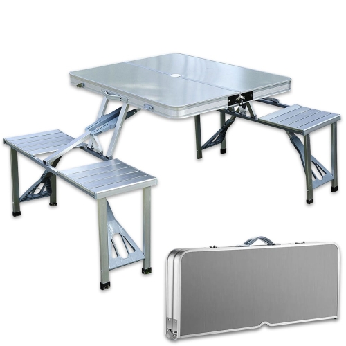 Outdoor Foldable Aluminum One-piece Table With Attached 4 Chairs 