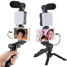 Vlogging & YouTube Video Making Accessories Kit,  Tripod Stand, Phone Mount Clip, LED Light & Microphone 