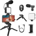 Vlogging & YouTube Video Making Accessories Kit, Tripod Stand, Phone Mount Clip, LED Light & Microphone 