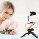 Vlogging & YouTube Video Making Accessories Kit, Tripod Stand, Phone Mount Clip, LED Light & Microphone 