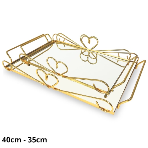 MDA Homes Heart Of Love Serving Tray Gold With Mirror Base, 2pcs 40,35cm