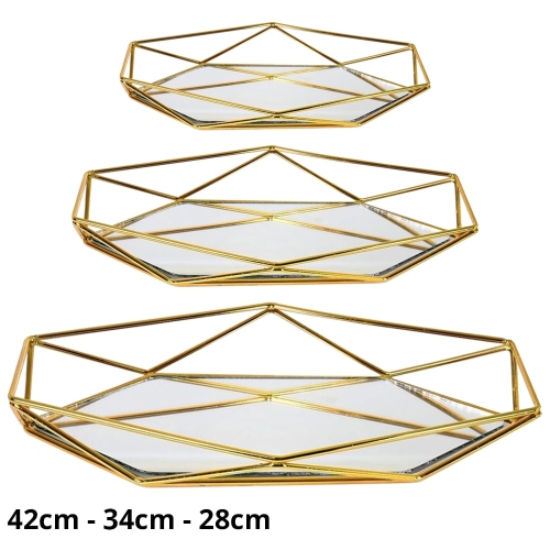MDA Homes Oval Gold Serving Tray Prizma With Mirror Base 3pcs 42,34,28 cm