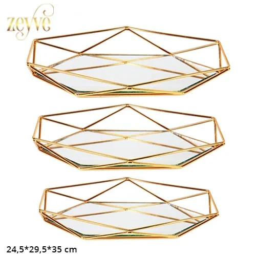 Zeyve Prisma Gold Serving Tray With Mirror Base 3pcs 24, 29, 35 cm