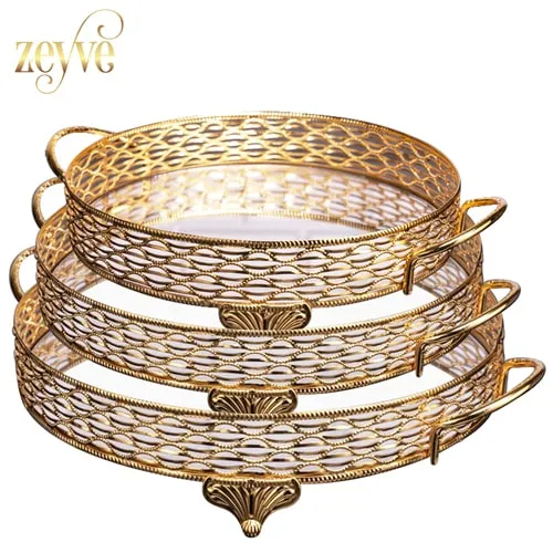 Zeyve Round Serving Tray Set of 3pcs With Mirror Base