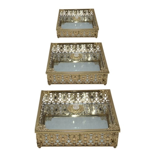 RECTANGLE DECORATIVE BOXES WITH MIRROR BASE &amp; CRYSTAL HANDLE, SET OF 3 