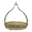 GOLDEN ROUNDED SERVING BASKET WITH CRYSTAL HANDLE AND MIRROR BASE