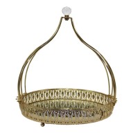 GOLDEN  ROUNDED SERVING BASKET WITH CRYSTAL HANDLE AND MIRROR BASE