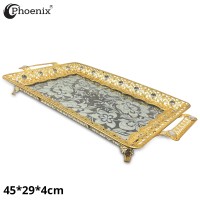 Phoenix Rectangle Serving Tray With Printed Glass Base, Gold 45*29*4cm