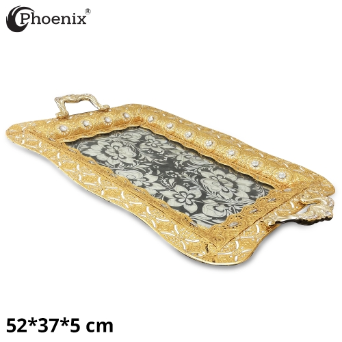 Phoenix Luxury Rectangular Gold Serving Tray With Printed Glass Base 52*37*5 cm