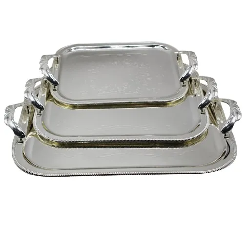 RECTANGULAR TRAY SET WITH HANDLES, 3 PIECES SILVER 