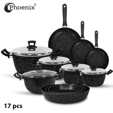 PHOENIX 17PCS BLACK MARBLE COOKWARE SET