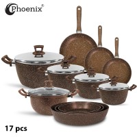 PHOENIX 17PCS BROWN MARBLE COOKWARE SET